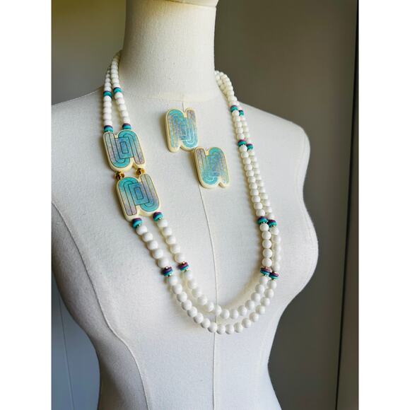 Vintage 80s Necklace/Earring Set Ceramic White Turquoise Happy Fun Accessories - Picture 2 of 9
